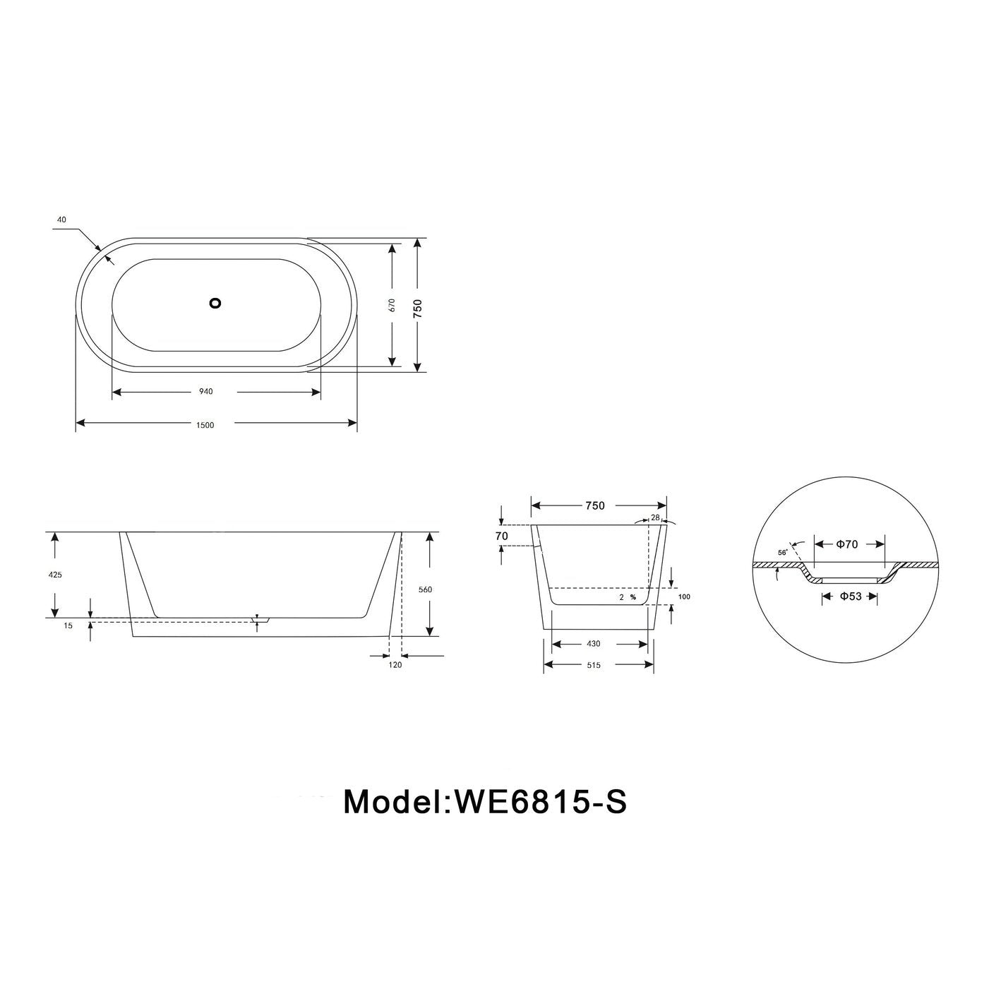 Legion Furniture 59" White Acrylic Tub - No Faucet WE6815-S
