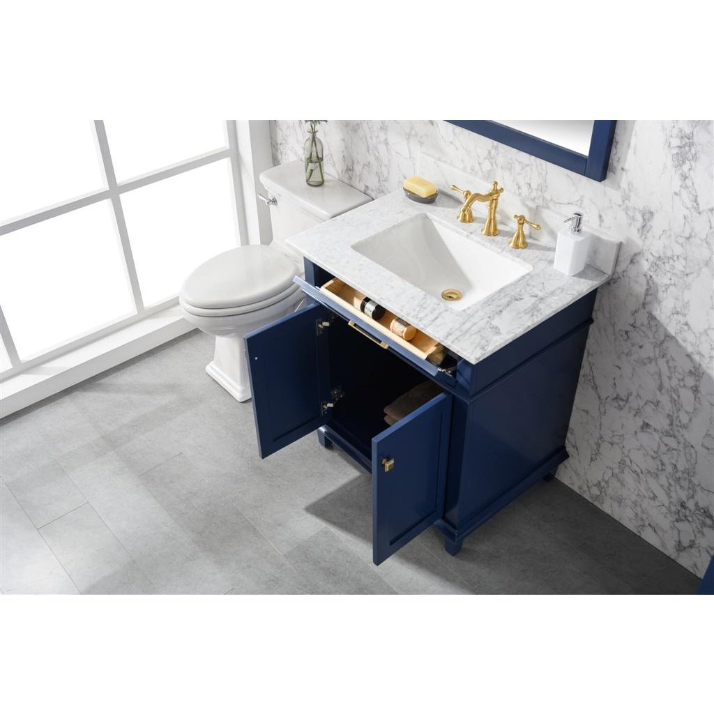 Legion Furniture 30" Blue Finish Sink Vanity Cabinet With Carrara White Top WLF2230-B
