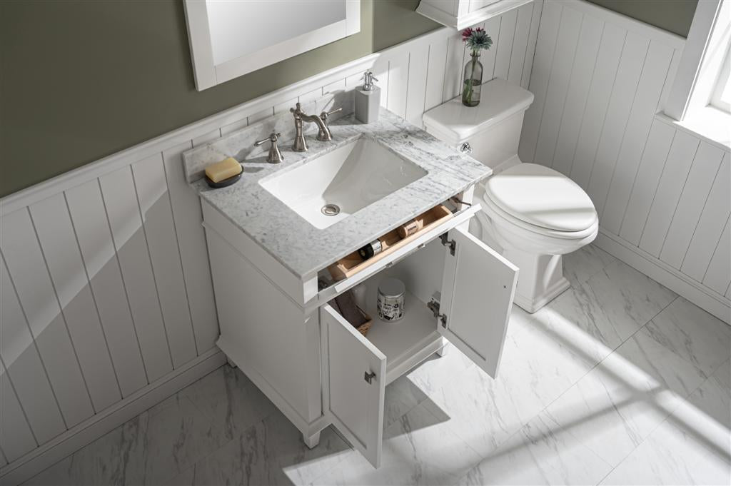 30" Haven Vanity with Single Sink and Carrara Marble Top in White Finish