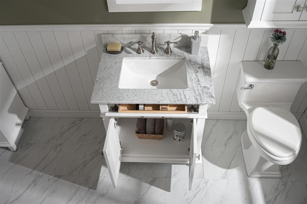 30" Haven Vanity with Single Sink and Carrara Marble Top in White Finish