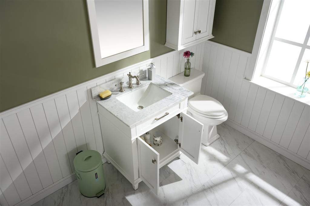 30" Haven Vanity with Single Sink and Carrara Marble Top in White Finish