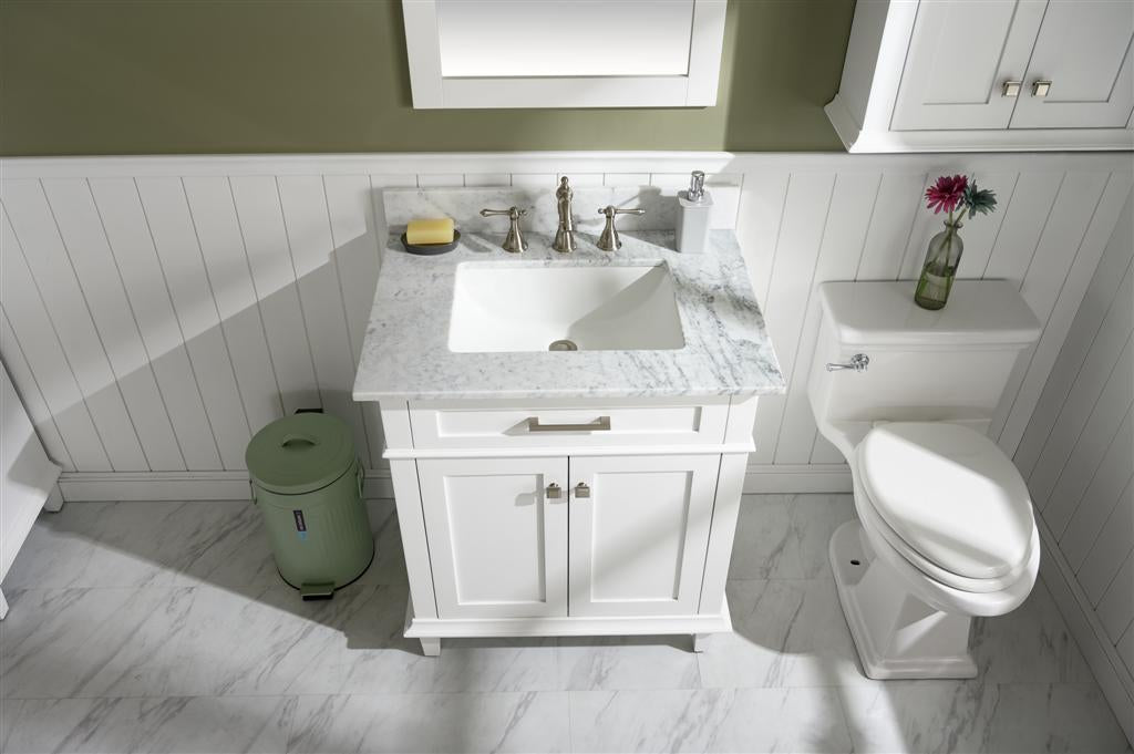 30" Haven Vanity with Single Sink and Carrara Marble Top in White Finish