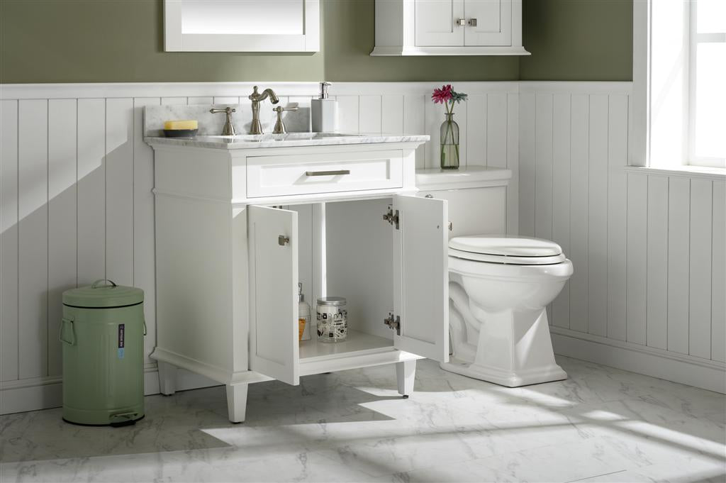 30" Haven Vanity with Single Sink and Carrara Marble Top in White Finish