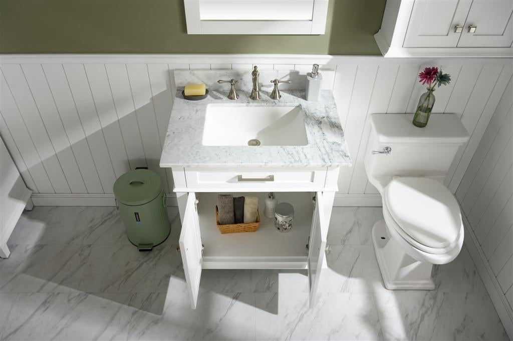 30" Haven Vanity with Single Sink and Carrara Marble Top in White Finish