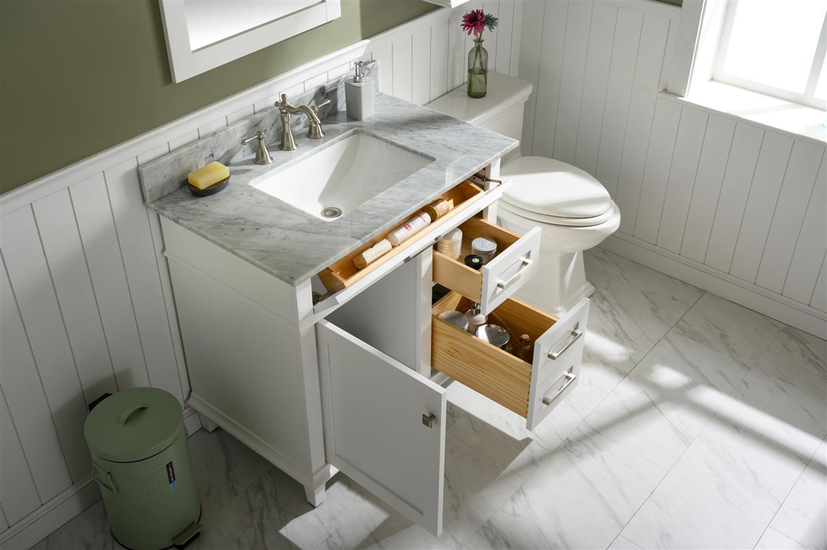 36" Haven Vanity with Single Sink and Carrara Marble Top in White Finish