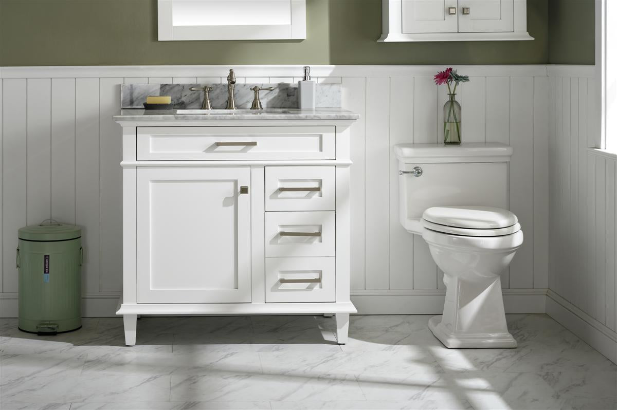 36" Haven Vanity with Single Sink and Carrara Marble Top in White Finish