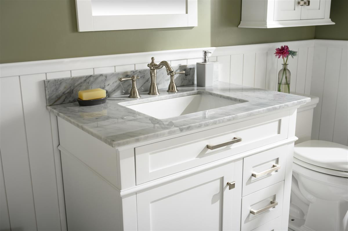 36" Haven Vanity with Single Sink and Carrara Marble Top in White Finish