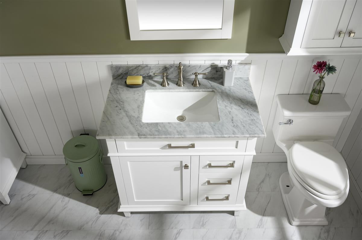 36" Haven Vanity with Single Sink and Carrara Marble Top in White Finish