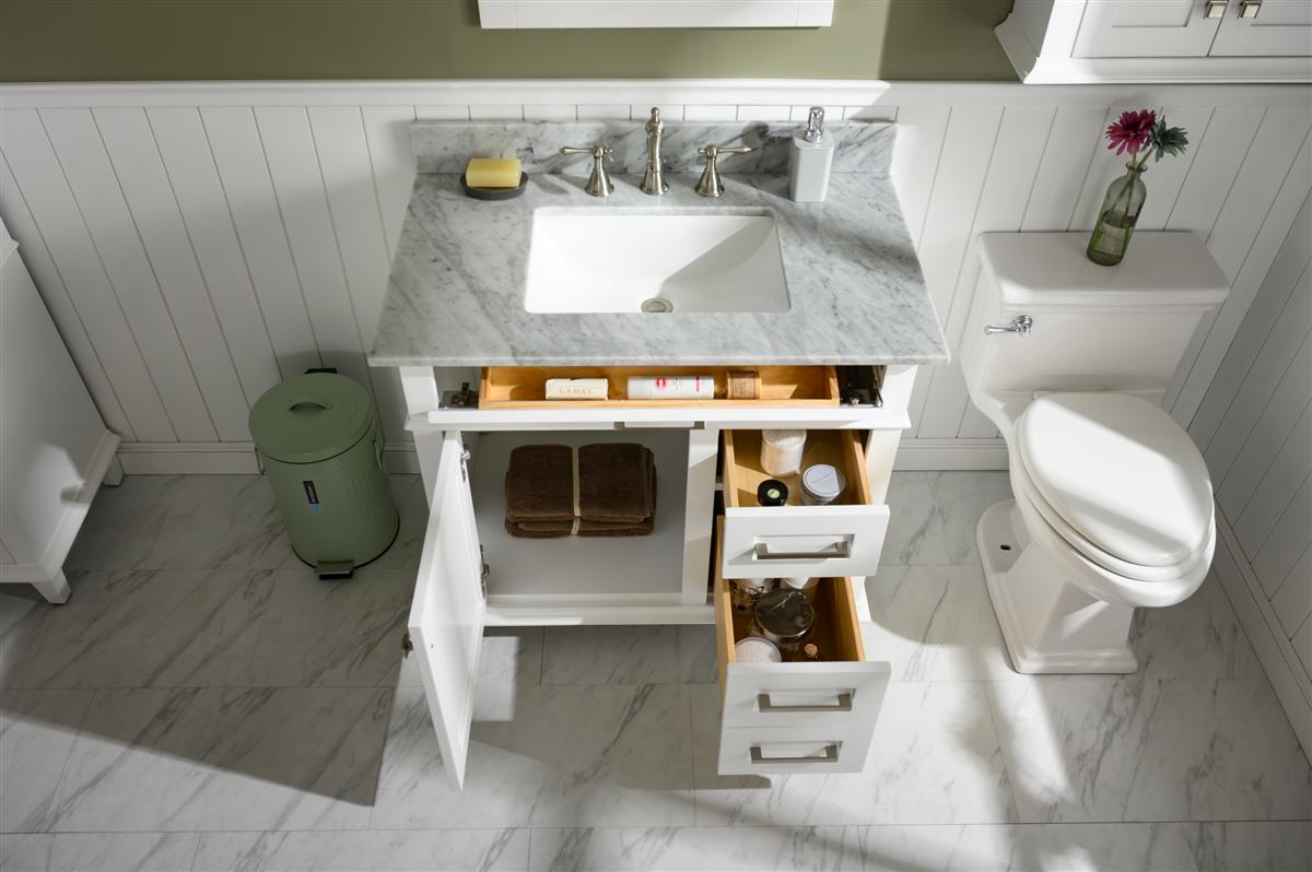 36" Haven Vanity with Single Sink and Carrara Marble Top in White Finish