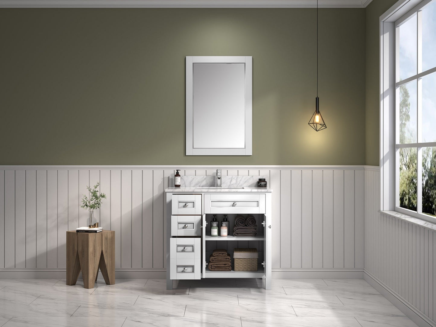 36" Willow Vanity with Single Sink and Carrara Marble Top in White