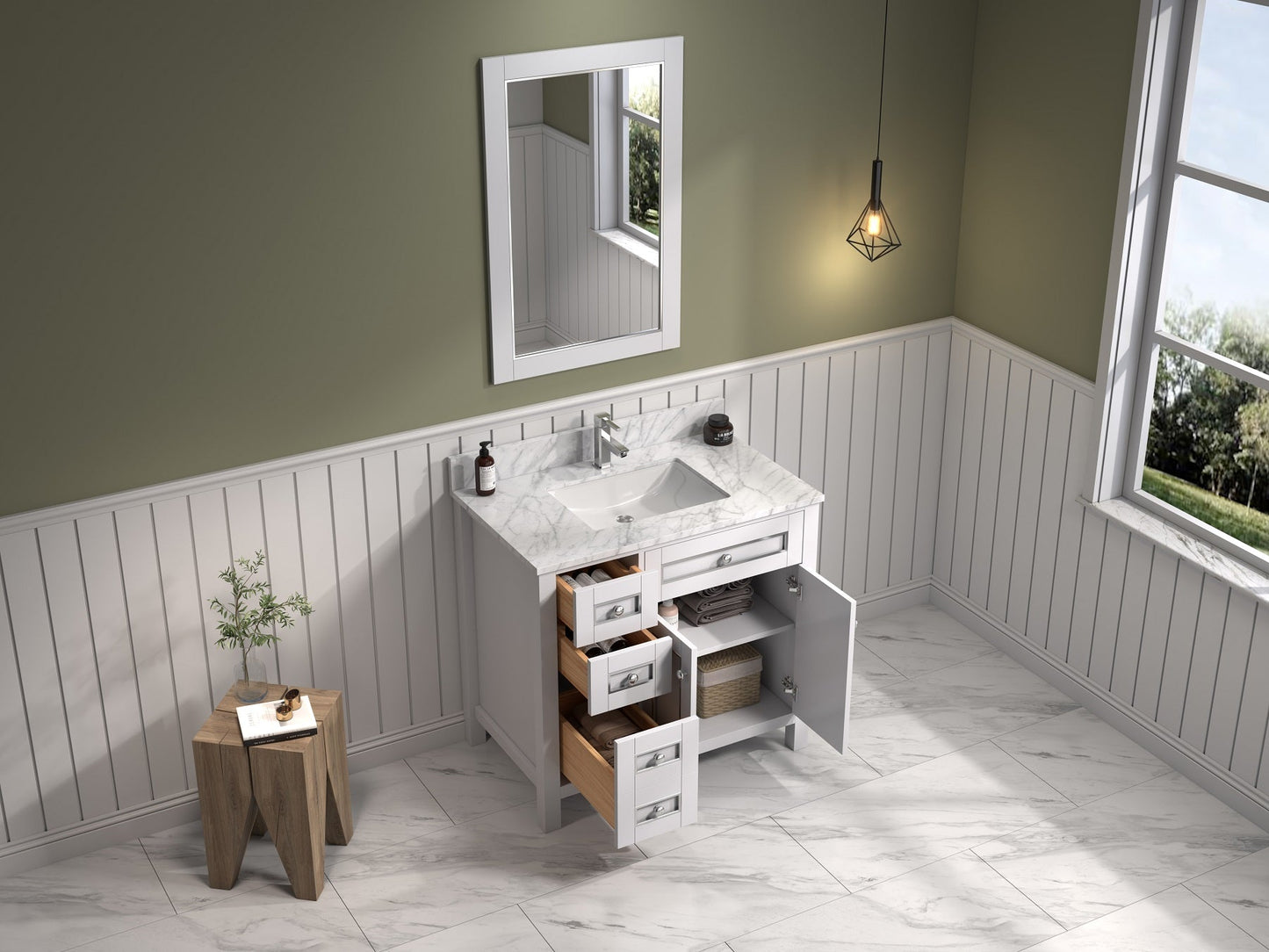 36" Willow Vanity with Single Sink and Carrara Marble Top in White