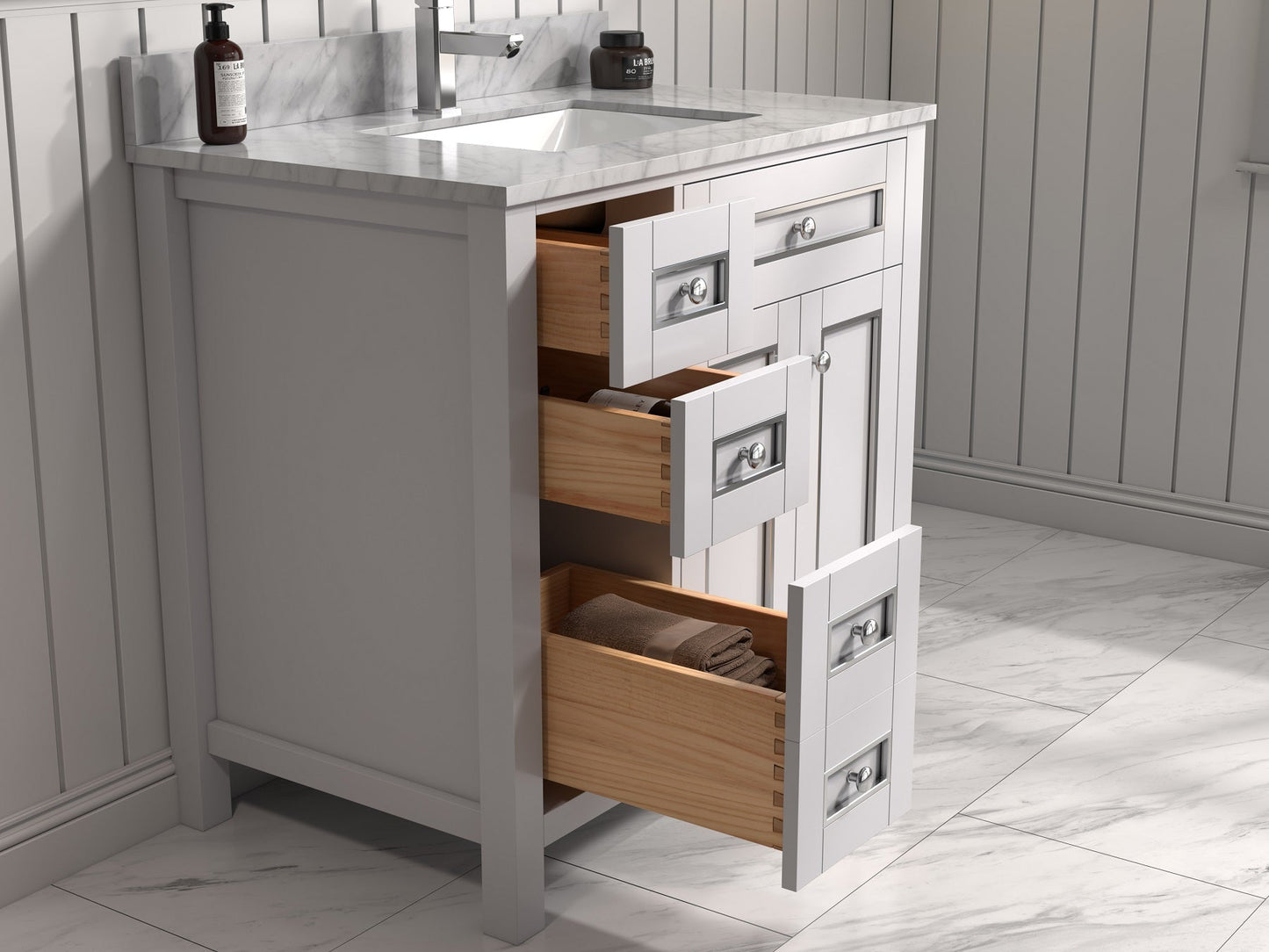 36" Willow Vanity with Single Sink and Carrara Marble Top in White