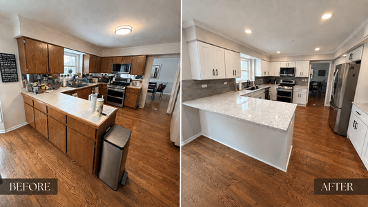 Before-and-after view of a Mundelein kitchen remodel, with oak cabinets on the left and white Shaker cabinets on the right.