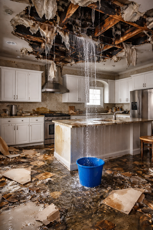 Home interior damage after flood and fire loss requiring insurance restoration