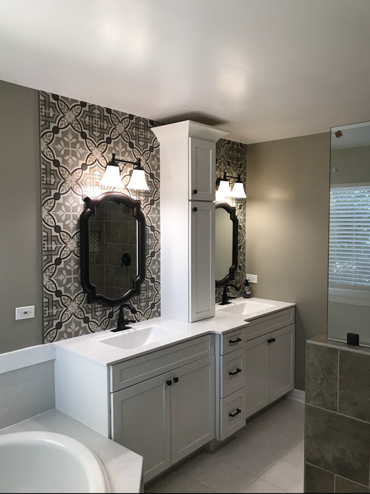 Completed master bathroom renovation in Gurnee featuring patterned tile feature wall, Rose Hill cabinetry, and custom tile shower