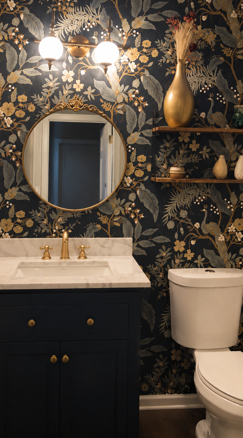 Affordable powder room with navy vanity, gold cross handle faucet, round gold mirror, and bold botanical wallpaper by Lotus Home Improvement in Lake County IL