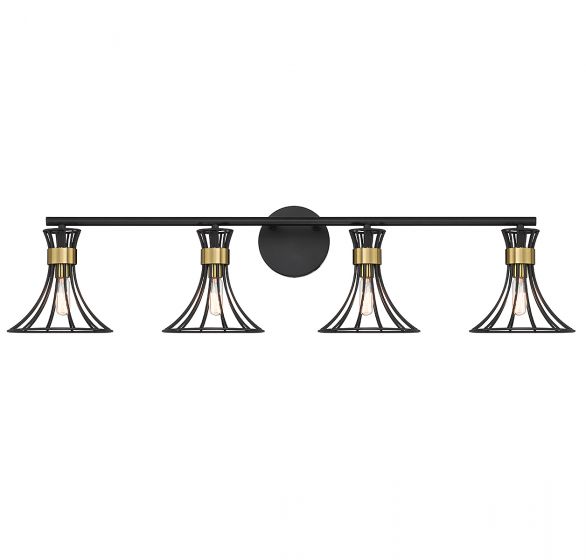 Breur 4-Light Bathroom Vanity Light in Matte Black with Warm Brass Accents