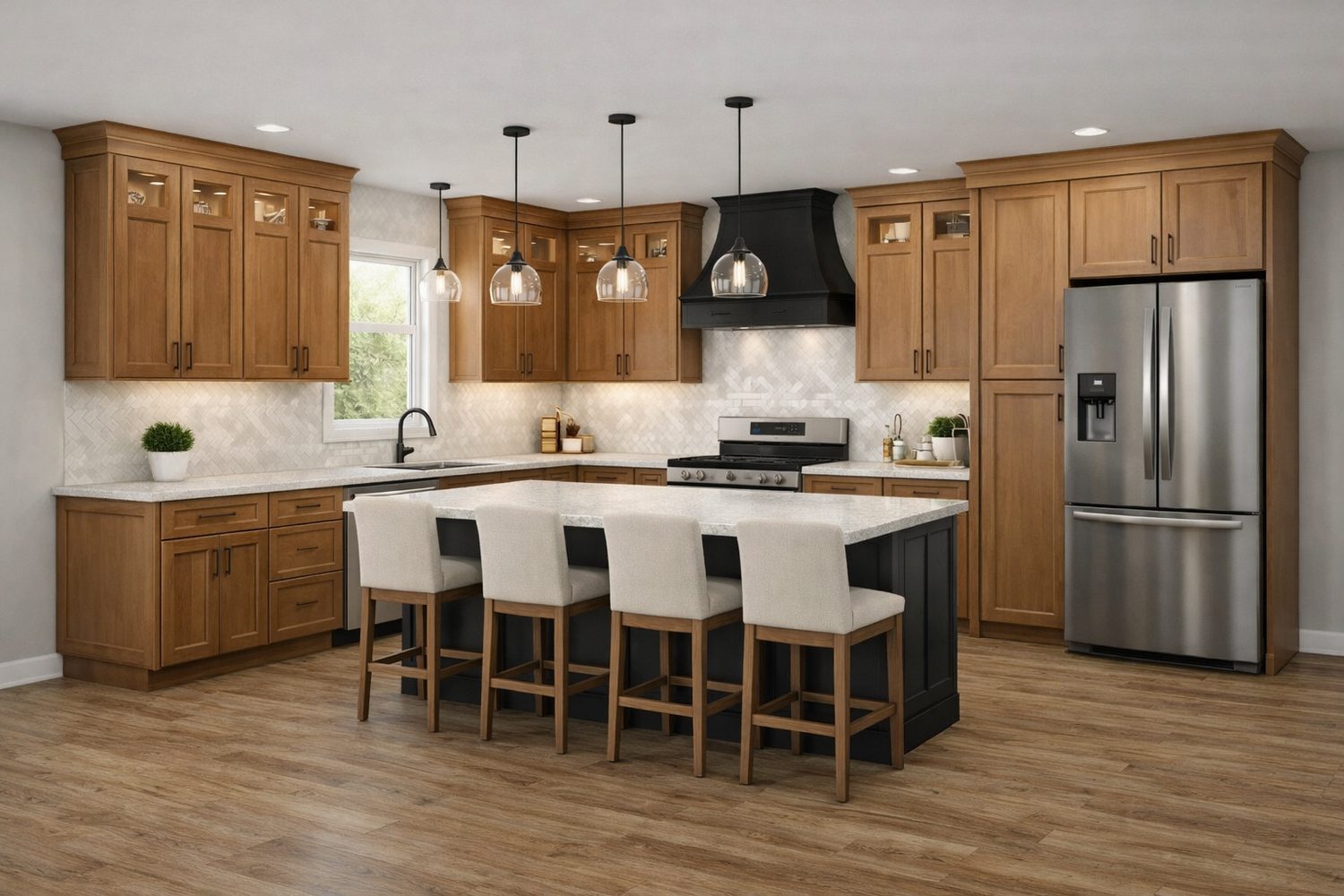 Semi-custom kitchen rendering with white oak shaker cabinets, black island, black range hood, herringbone backsplash, and quartz countertops