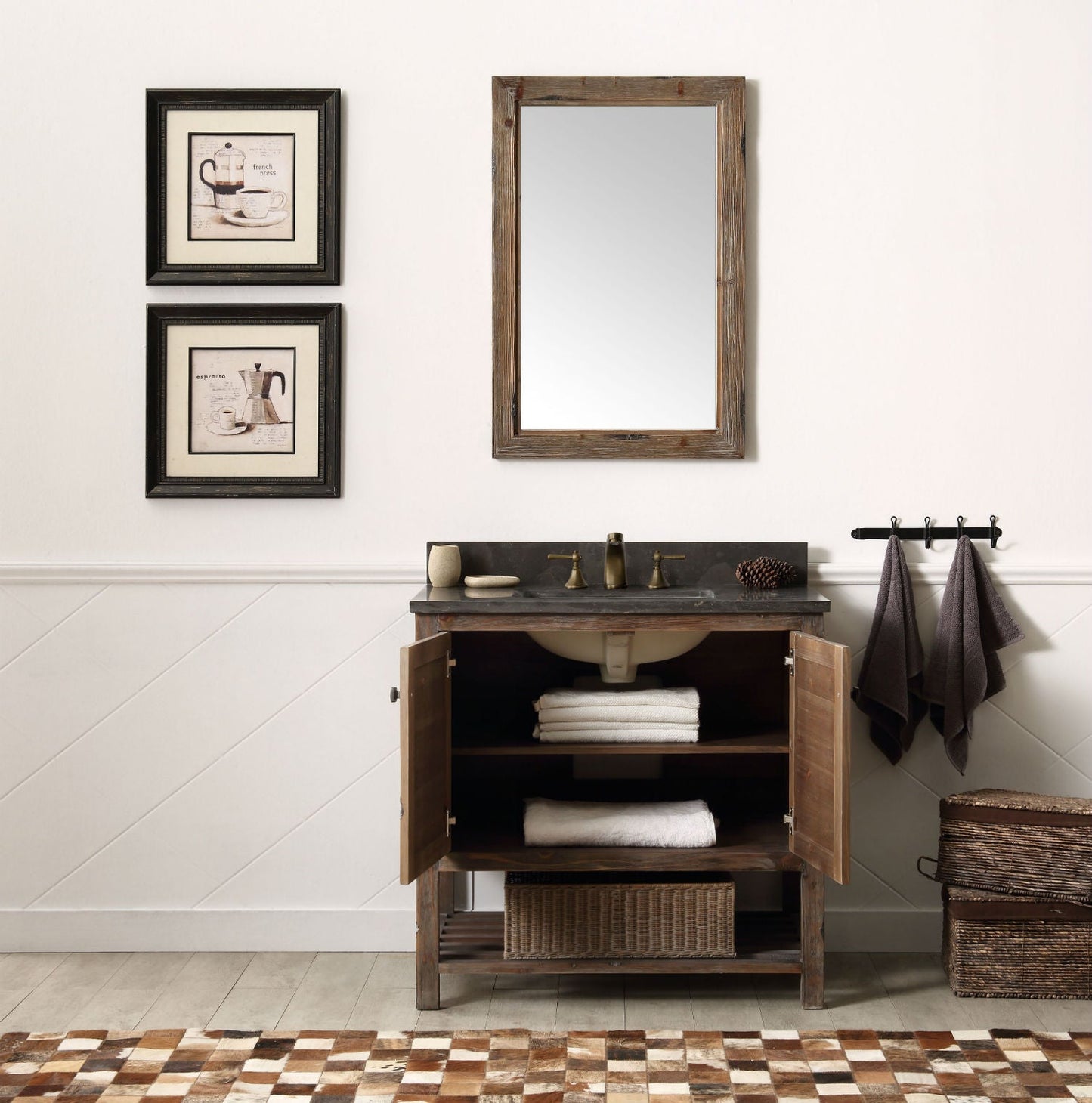 36" Rustic Rattan Single Sink Bathroom Vanity with Stone Top