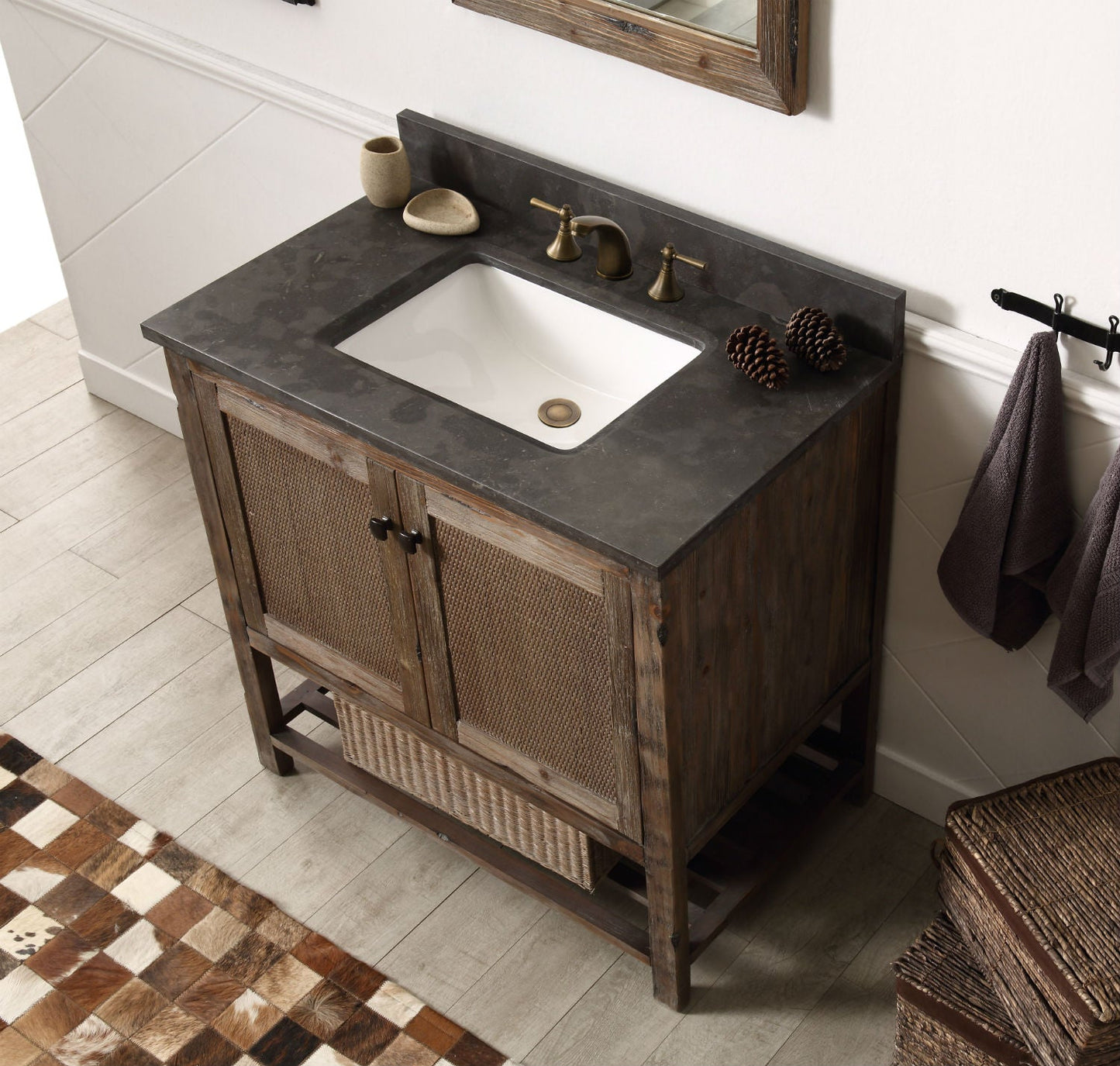 36" Rustic Rattan Single Sink Bathroom Vanity with Stone Top