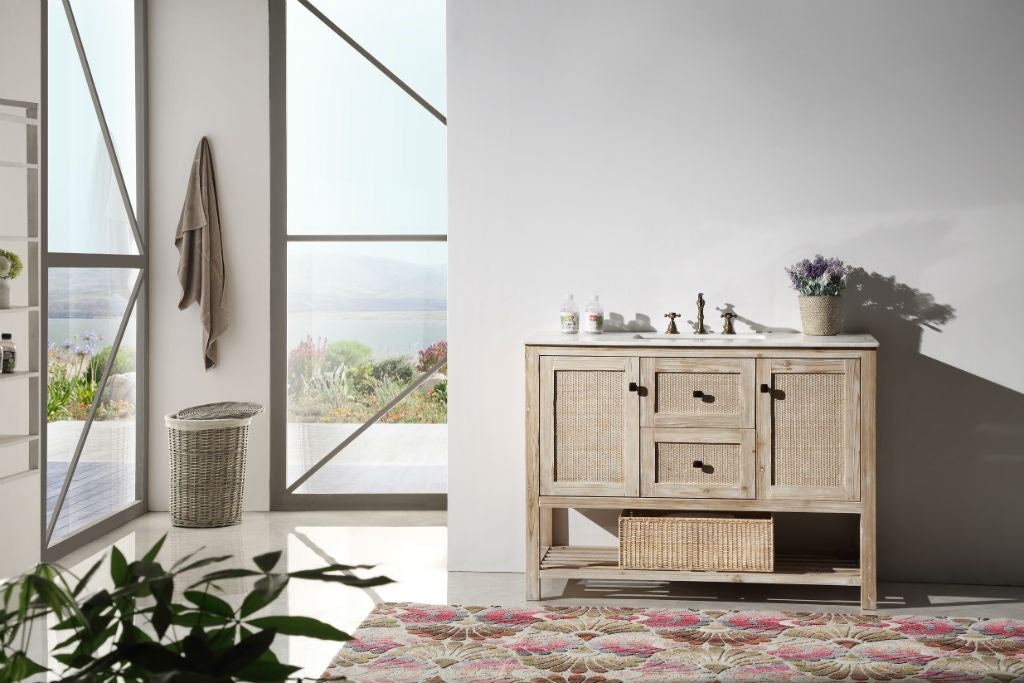 48" Rustic Rattan Single Sink Bathroom Vanity in White Wash Finish with Marble Top