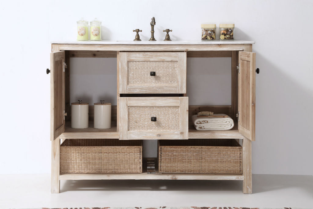 48" Rustic Rattan Single Sink Bathroom Vanity in White Wash Finish with Marble Top