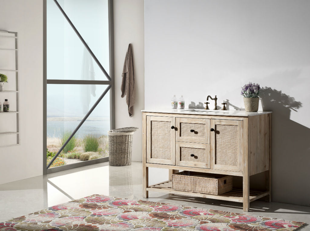 48" Rustic Rattan Single Sink Bathroom Vanity in White Wash Finish with Marble Top