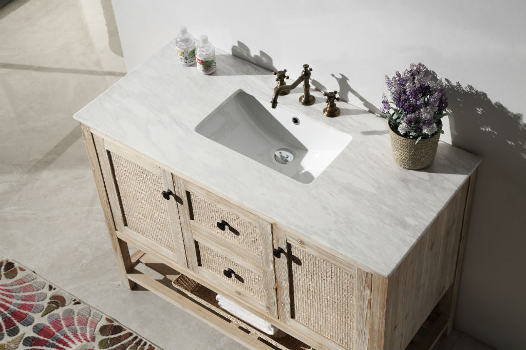 48" Rustic Rattan Single Sink Bathroom Vanity in White Wash Finish with Marble Top