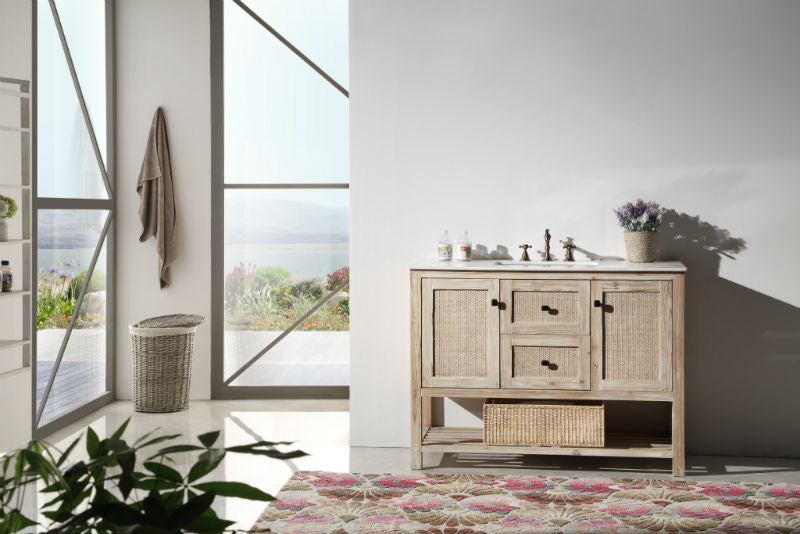 48" Rustic Rattan Single Sink Bathroom Vanity in White Wash Finish with Marble Top