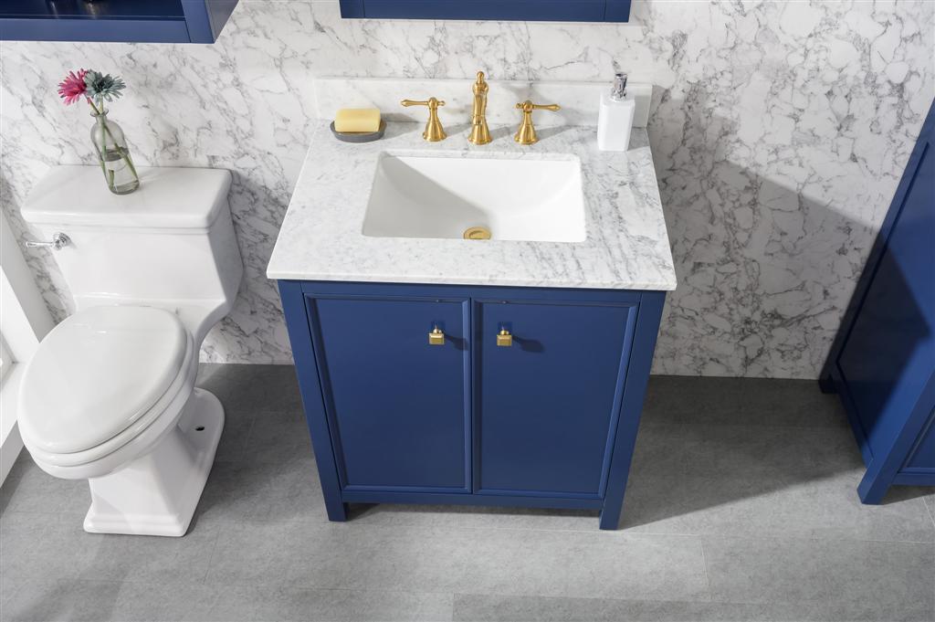 30" Bainbridge Vanity with Single Sink and Carrara Marble Top in Blue Finish