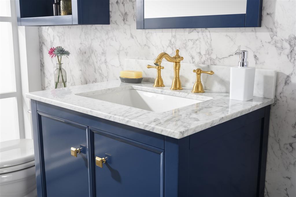 30" Bainbridge Vanity with Single Sink and Carrara Marble Top in Blue Finish