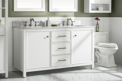 54" Bainbridge Vanity with Double Sinks and Carrara Marble Top in White Finish