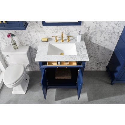 Legion Furniture 30" Blue Finish Sink Vanity Cabinet With Carrara White Top WLF2230-B