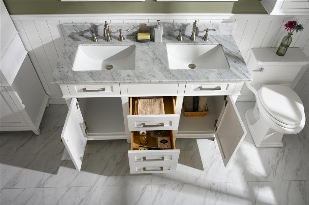 54" Haven Vanity with Double Sinks and Carrara Marble Top in White Finish
