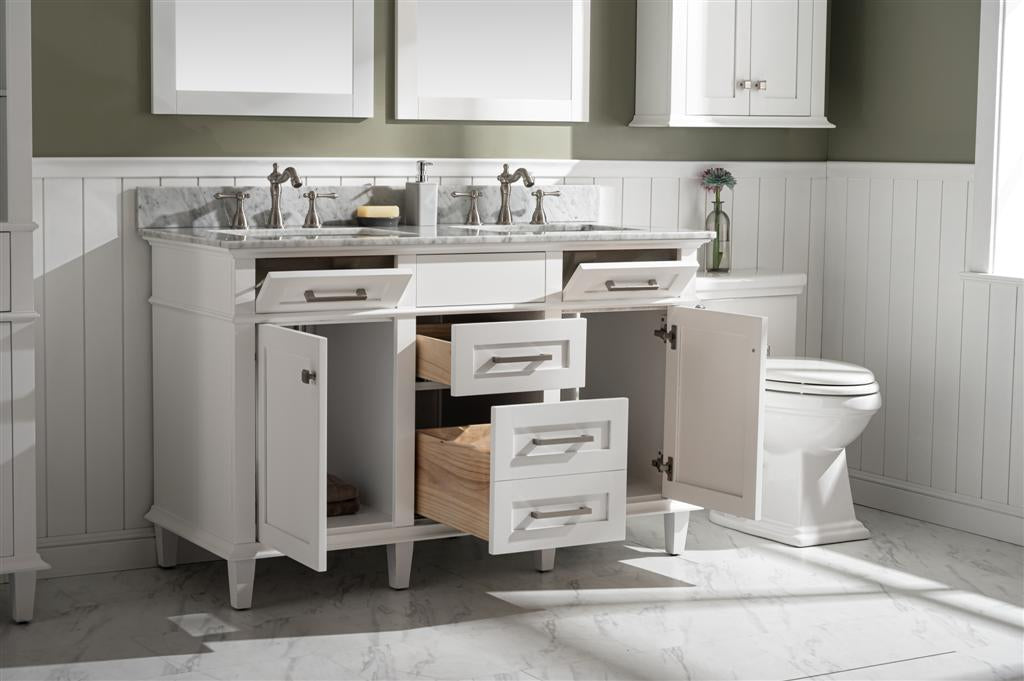 54" Haven Vanity with Double Sinks and Carrara Marble Top in White Finish