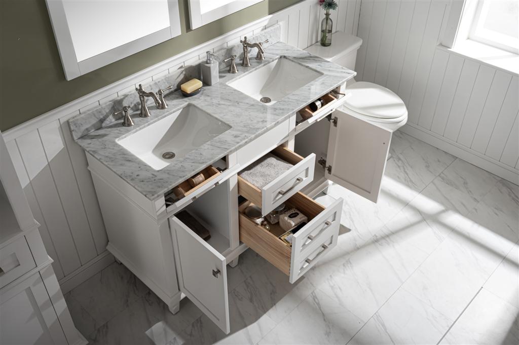 54" Haven Vanity with Double Sinks and Carrara Marble Top in White Finish