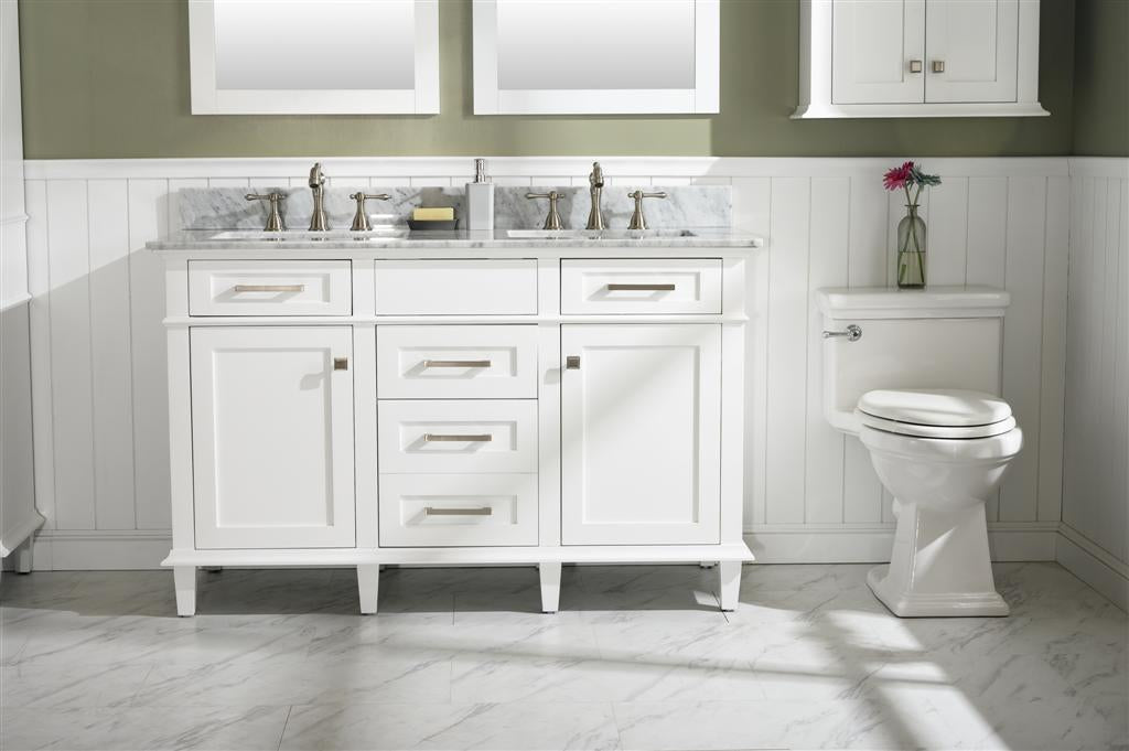 54" Haven Vanity with Double Sinks and Carrara Marble Top in White Finish
