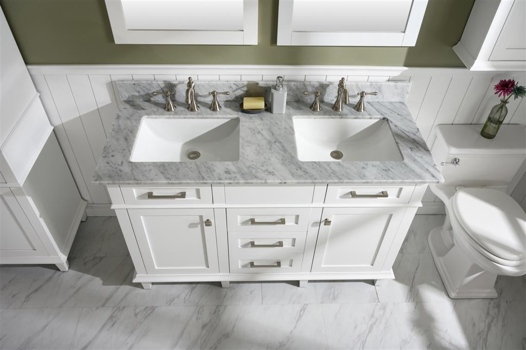 54" Haven Vanity with Double Sinks and Carrara Marble Top in White Finish