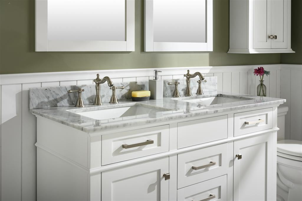 54" Haven Vanity with Double Sinks and Carrara Marble Top in White Finish