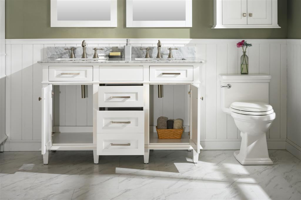 54" Haven Vanity with Double Sinks and Carrara Marble Top in White Finish