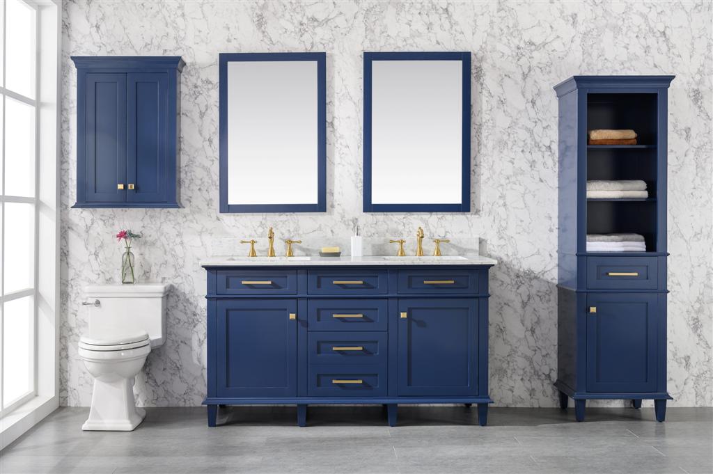 60" Haven Vanity with Double Sinks and Carrara Marble Top in Blue Finish