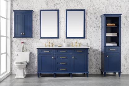 60" Haven Vanity with Double Sinks and Carrara Marble Top in Blue Finish