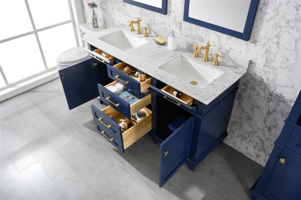 60" Haven Vanity with Double Sinks and Carrara Marble Top in Blue Finish