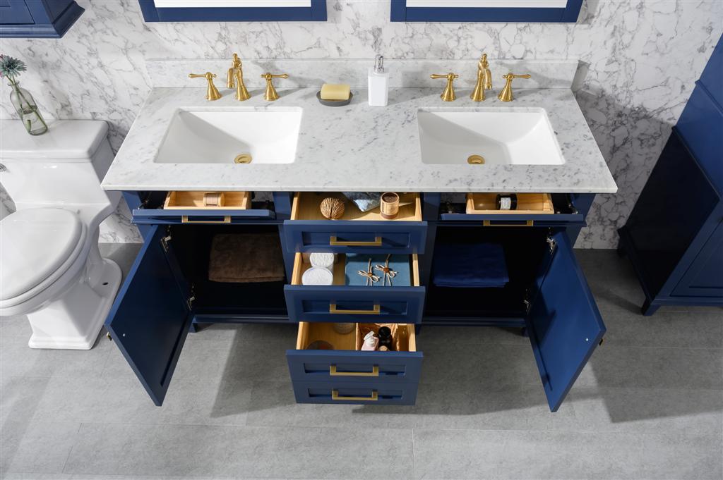 60" Haven Vanity with Double Sinks and Carrara Marble Top in Blue Finish