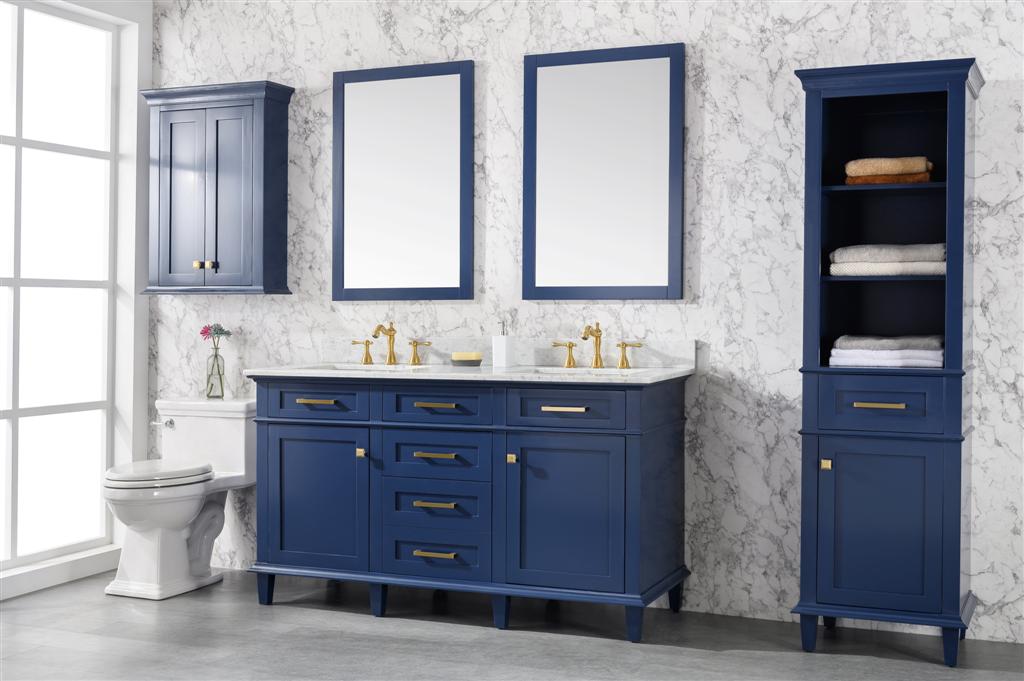 60" Haven Vanity with Double Sinks and Carrara Marble Top in Blue Finish