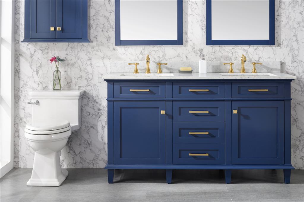 60" Haven Vanity with Double Sinks and Carrara Marble Top in Blue Finish