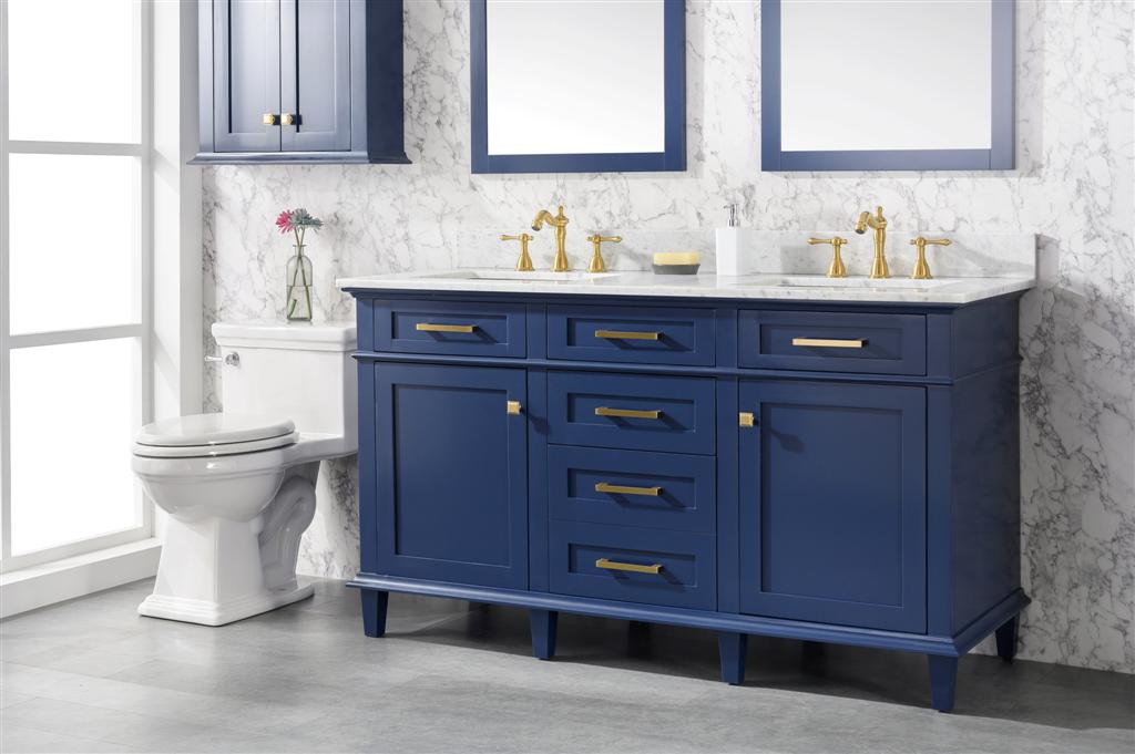 60" Haven Vanity with Double Sinks and Carrara Marble Top in Blue Finish