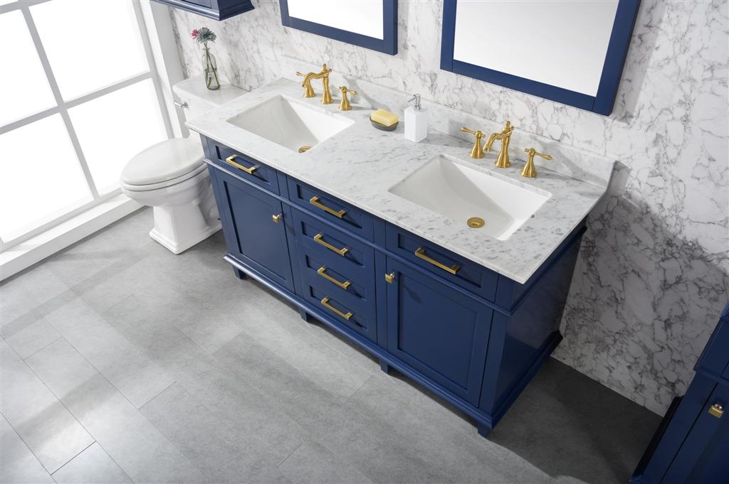 60" Haven Vanity with Double Sinks and Carrara Marble Top in Blue Finish