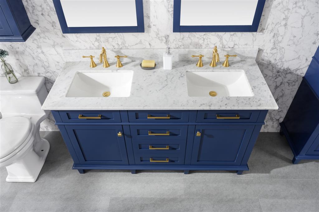 60" Haven Vanity with Double Sinks and Carrara Marble Top in Blue Finish
