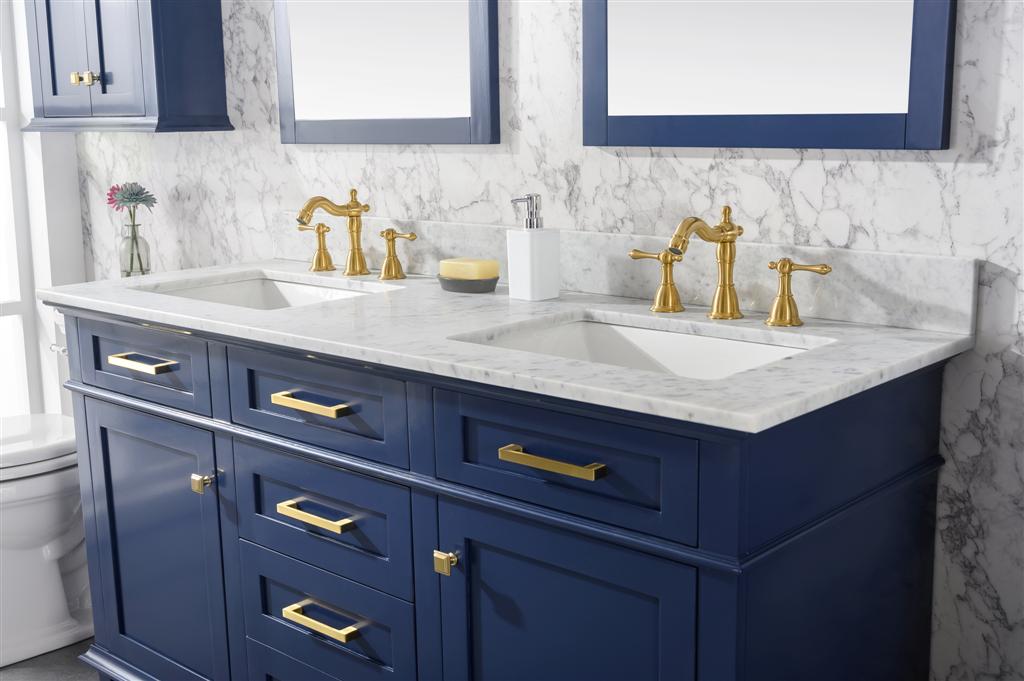 60" Haven Vanity with Double Sinks and Carrara Marble Top in Blue Finish